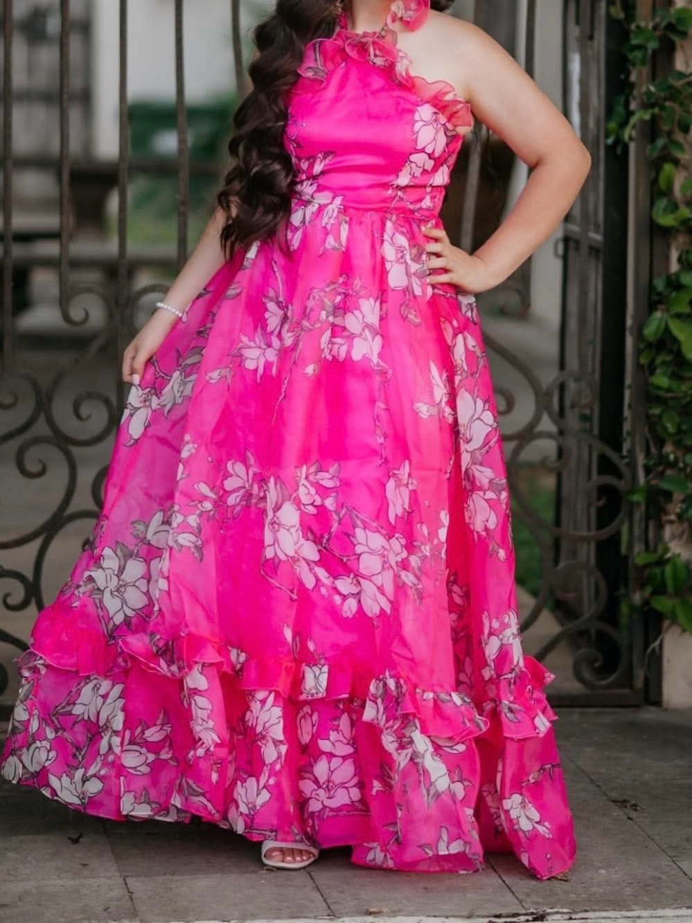 Woman’s ' Hot Pink Floral Halter Maxi   Dress worn for a about 1 hour for pictur